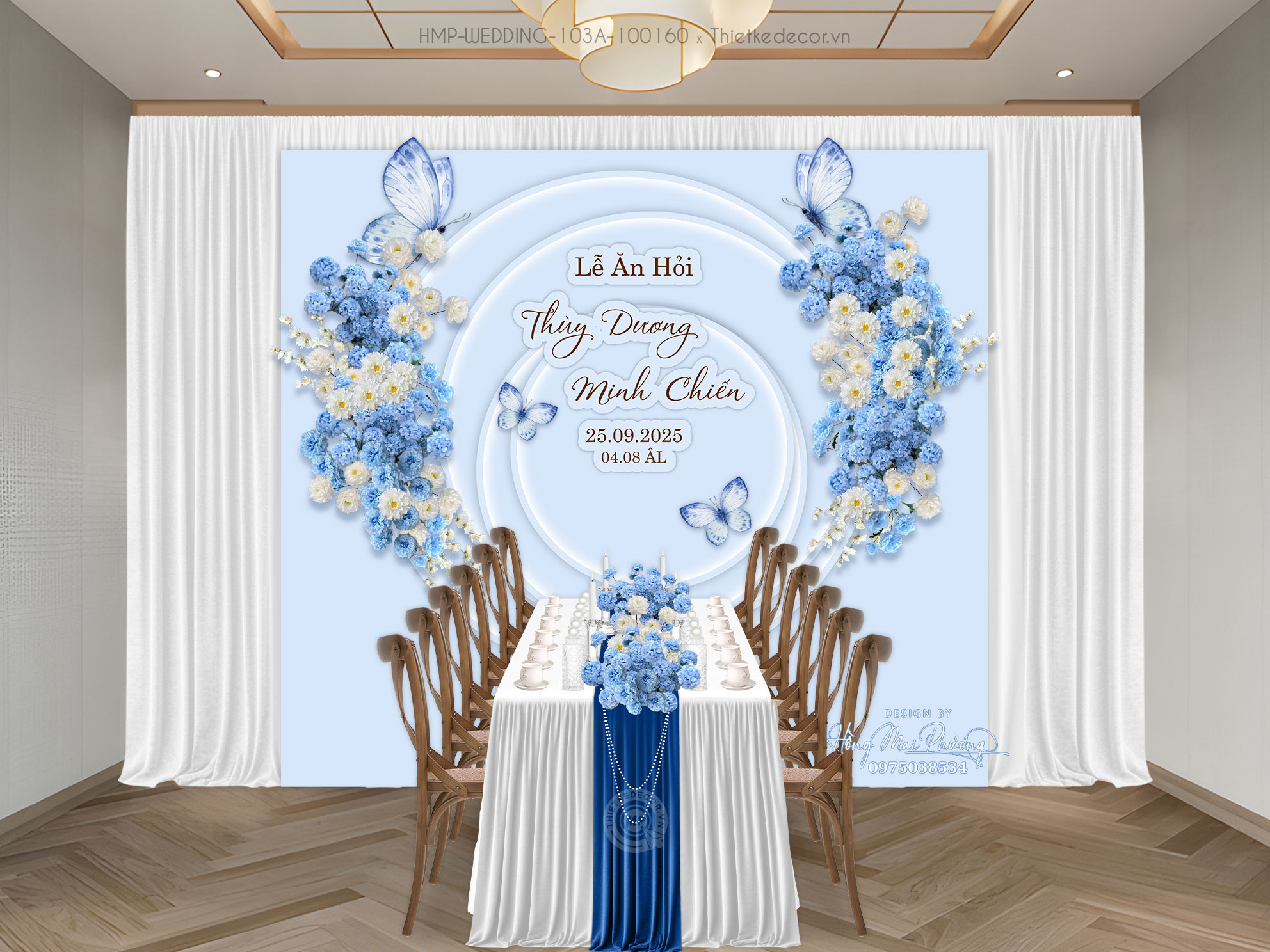 Gia tiên tone xanh dương chạy viền tròn mix bướm